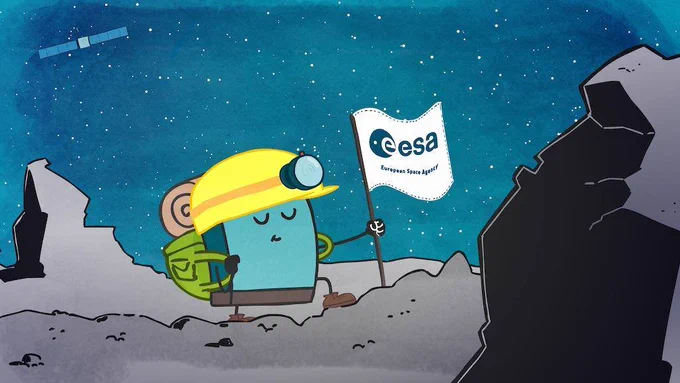 A cartoon showing the Philae lander on the surface of Comet 67P. The character of Philae is wearing a yellow safety helmet with a lamp on it and is planting an ESA flag on the surface of the comet. The Rosetta spacecraft is shown in the upper left hand corner of the image.