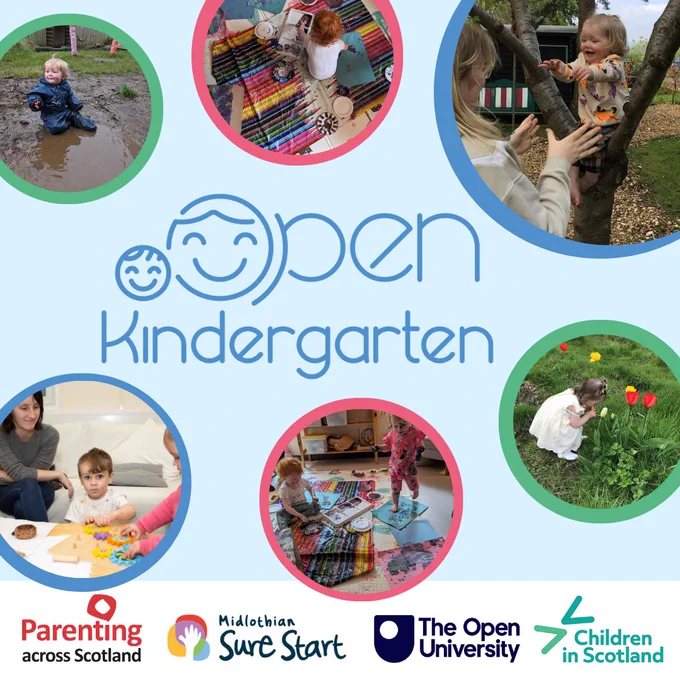 The image shows six pictures of Children playing with the caption 'Open Kindergarten' with the logos of Parenting across Scotland, Open University, Midlothian Sure Start and Children in Scotland
