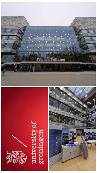 Photographic impressions from the Dutch SPM Day 2024 at Groningen University - from top: Feringa Building, lower left: Groningen University logo, lower right: NanoAndMore Europe AFM probes booth 