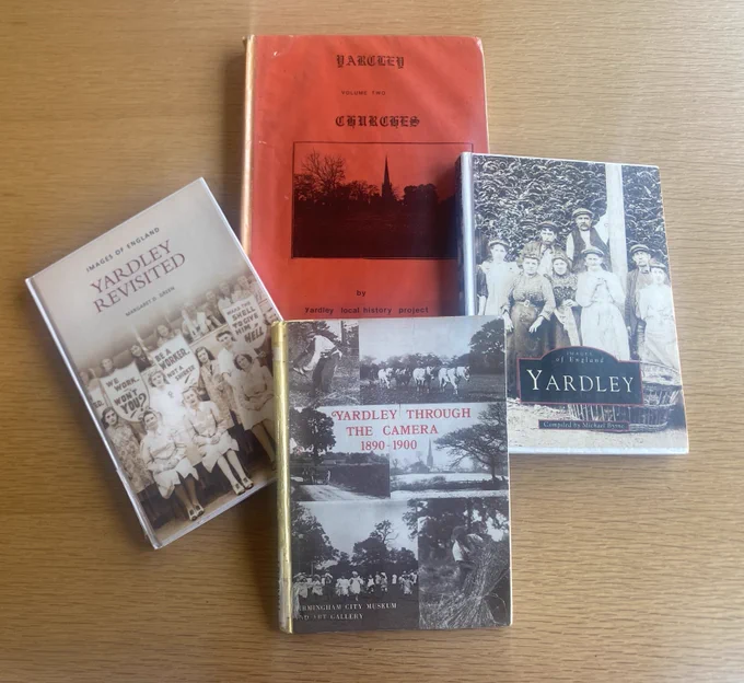 A table with four books on it – the front cover of each book facing up towards the camera. The books are all concerned with the history of Yardley. Titles include Yardley Revisited and Yardley Through The Camera, 1890 – 1900. 