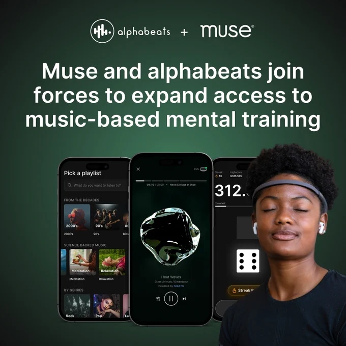 "Muse and alphabeats join forces to expand access to music-based mental training." The visual includes three mobile screens displaying various features of the alphabeats app. A woman wearing a Muse headband appears on the right, with a calm expression, symbolizing mental focus and relaxation.