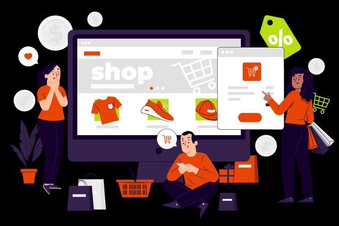 Online shopping on a screen with a guy looking at items on his phone, a woman falling in love with an item and another woman actively shopping online.