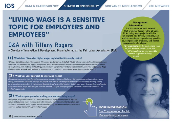 Screenshot of page 10 from IGS's Sustainability Forward newsletter that features a picture of FLA staff member Tiffany Rogers and a brief Q&A with three questions related to living wage