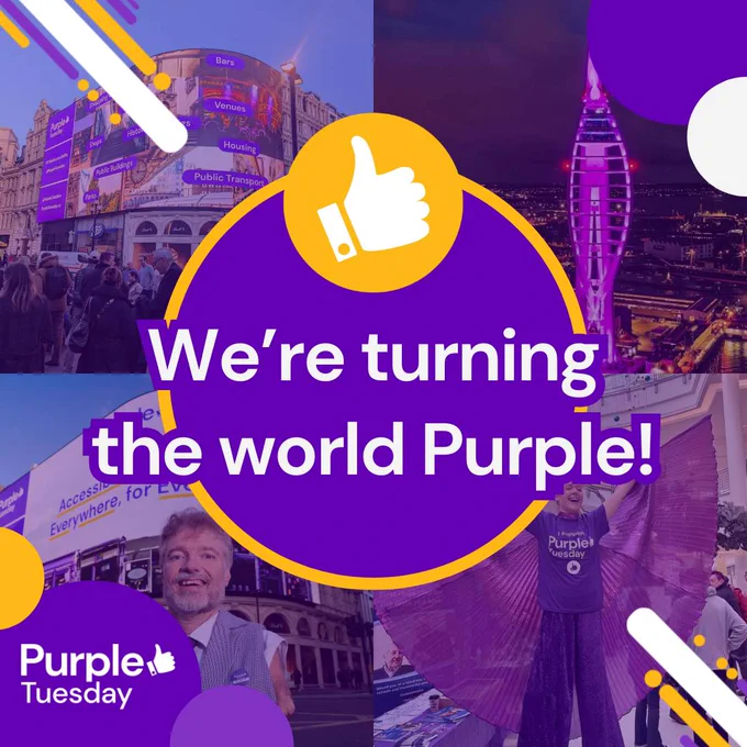 A collage of Purple Tuesday events going off, across the world, tinted purple with an emblem overlaid with text stating "We're turning the world Purple"