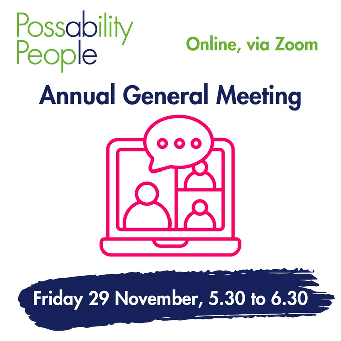 Cartoon of a laptop, text reads 'Annual General Meeting, Friday 29 November 5.30 to 6.30. Online via Zoom'.
