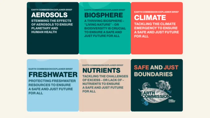 An image taken from the Earth Commission website, showing cover images for the Commission's six explainer briefs.