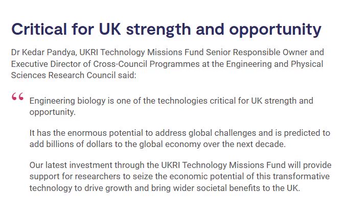 Screenshot of quote taken from the news story. Text reads as below:

'Critical for UK strength and opportunity

Dr Kedar Pandya, UKRI Technology Missions Fund Senior Responsible Owner and Executive Director of Cross-Council Programmes at the Engineering and Physical Sciences Research Council said:

"Engineering biology is one of the technologies critical for UK strength and opportunity.

It has the enormous potential to address global challenges and is predicted to add billions of dollars to the global economy over the next decade.

Our latest investment through the UKRI Technology Missions Fund will provide support for researchers to seize the economic potential of this transformative technology to drive growth and bring wider societal benefits to the UK."'