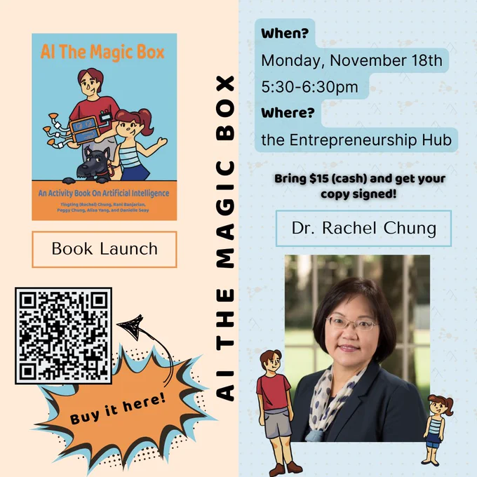 Dr. Tingting (Rachel) Chung is a Clinical Associate Professor of Operations and Information Systems. Her areas of expertise include financial fraud, business analytics, and knowledge management. She has published work in top journals including Communications of the ACM, Journal of Managerial Psychology, and Omega to name a few.

Her newest publication AI The Magic Box is an activity book on artificial intelligence. She will be signing copies at the event. Bring 15 dollars (cash) and get your copy signed.

Buy your copy here or scan the QR code: https://go.wm.edu/gyw9pd