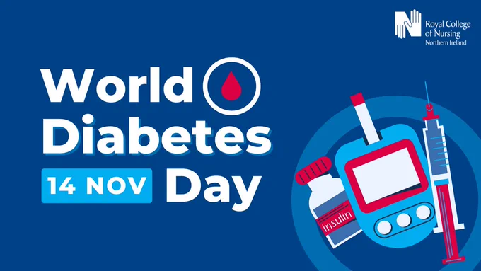 Graphic with royal blue background. White RCN NI logo top right corner. White header text to left: 'World Diabetes (14 Nov) Day'. Graphics of insulin bottle, blood glucose monitor, and needle bottom right. 