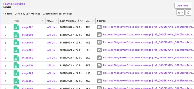 A screenshot of a cluttered files list on a case in Salesforce. All the files have generic names, so as an agent, it's impossible to tell which file you need. 