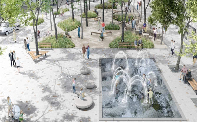 Hauptplatz Amstetten. Rendering von 3:0 Landschaftsarchitektur. 