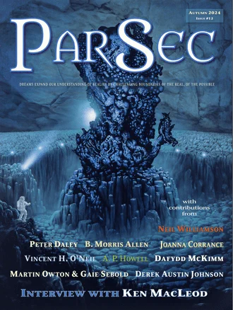 The cover of ParSec issue 12, featuring a spaceman in a large cave with a strange, twisted, almost fungal-like obelisk in the middle.