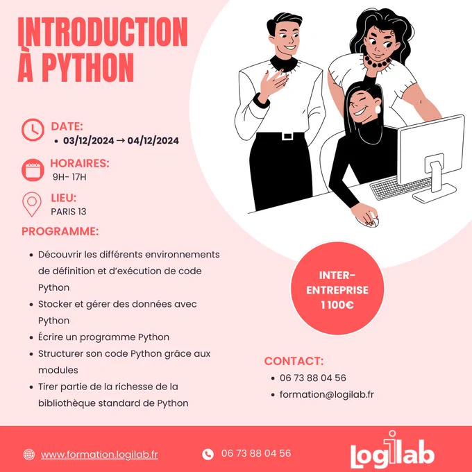Prochaine session de formation Introduction à Python les 3 et 4 décembre 2024 à Paris  : https://formation.logilab.fr/module/pyt/