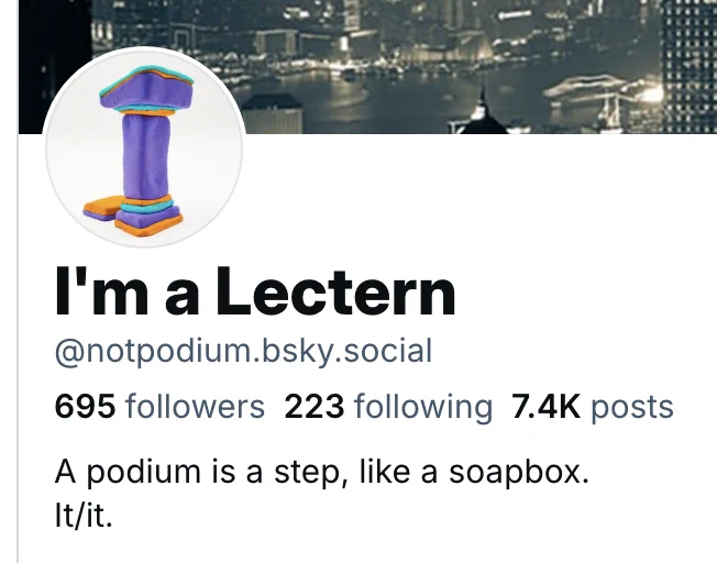 Screenshot of @notpodium.bsky.social profile.
