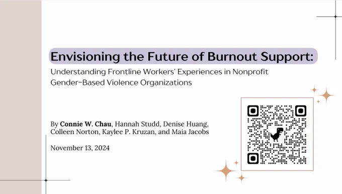 Title slide for a paper Connie is presenting at CSCW 2024 -- "Envisioning the Future of Burnout Support: Understanding Frontline Workers' Experiences in Nonprofit Gender-Based Violence Organizations". 