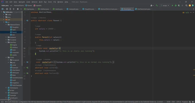 🔹 Abstract Classes
Abstract classes are classes that can't be instantiated on their own and may have both abstract (unimplemented) and non-abstract (implemented) methods. They allow partial abstraction and can hold shared code between subclasses, making them ideal for base classes. 🎛️



🔹 Annotations
Annotations are metadata we add to our code to give instructions to the compiler or runtime. Commonly used annotations include @Override, @Deprecated, and @SuppressWarnings, helping us to make code more readable and maintainable. 📌