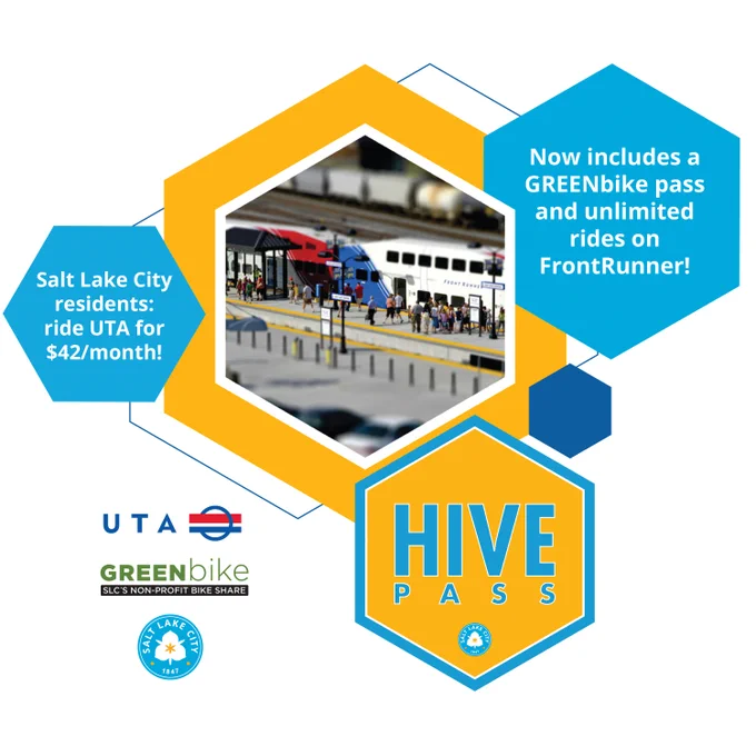 Promotional graphic for Salt Lake City's transportation services, featuring the Hive Pass logo, GREENbike logo, and UTA logo. Includes an image of a public transport station and passengers, with text stating, "Now includes a GREENbike pass and unlimited FrontRunner rides on Salt Lake City's UTA for $42/month!