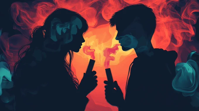 Concept illustration of two teens vaping. Image credit: Nicole Smith, made with Midjourney