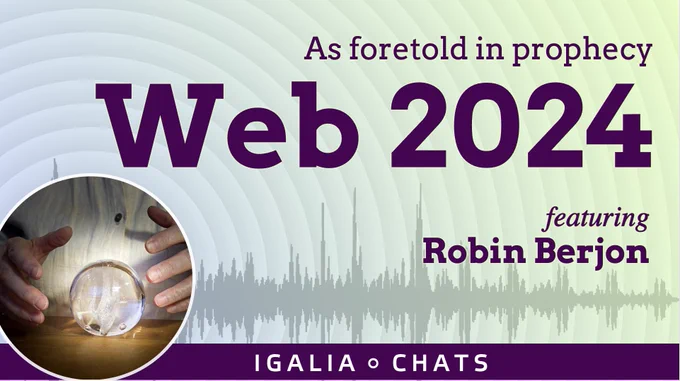 
A picture of a crystal ball with a persons torso and hands around it "looking into it" on a car which says "As foretold in prophecy Web 2024 - featuring Robin Berjon"
