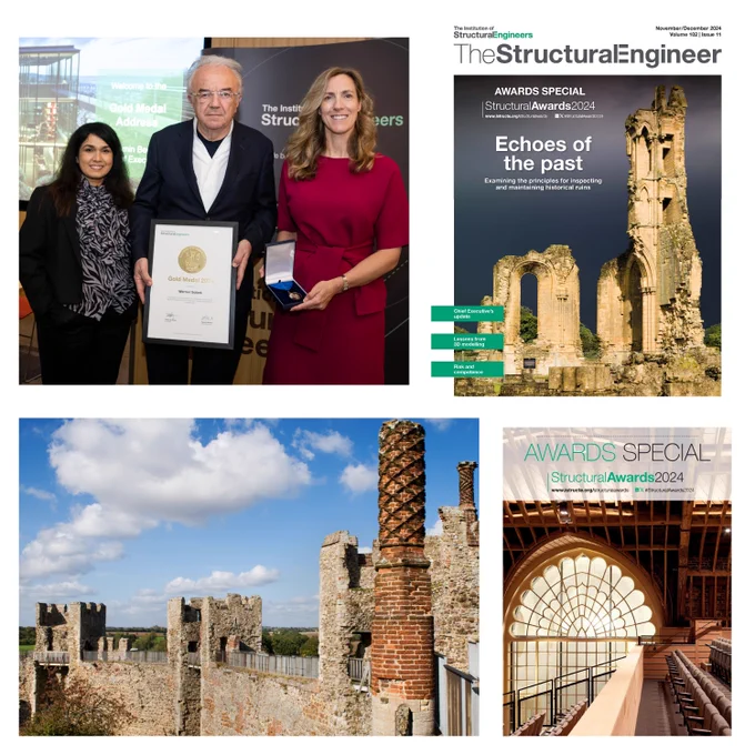 Collage of four images from the November/December 2024 issue of The Structural Engineer, including the front cover showing ruins
