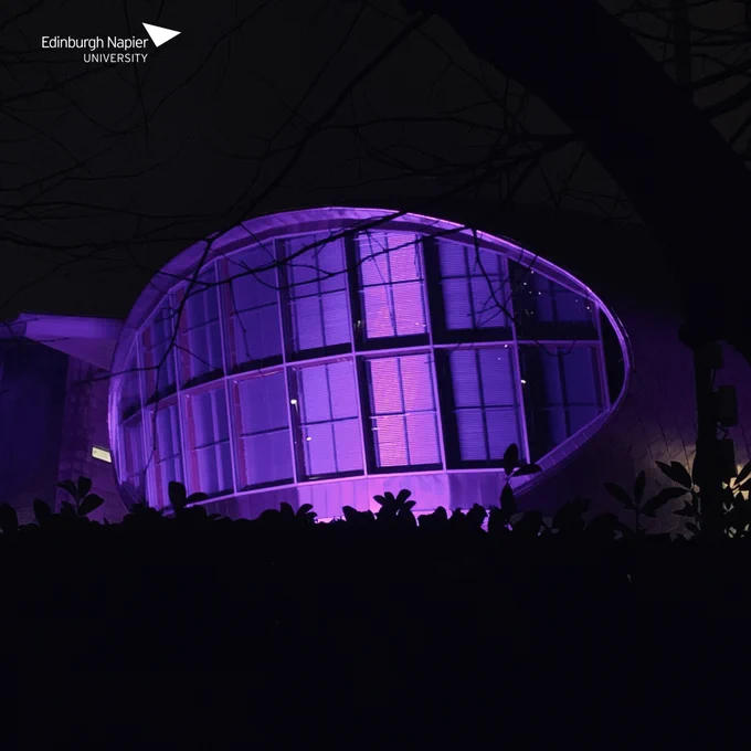 Craiglockhart Campus glows purple for HPV Awareness.