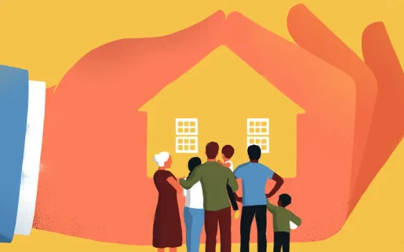 Animated image of family standing in front of affordable housing.