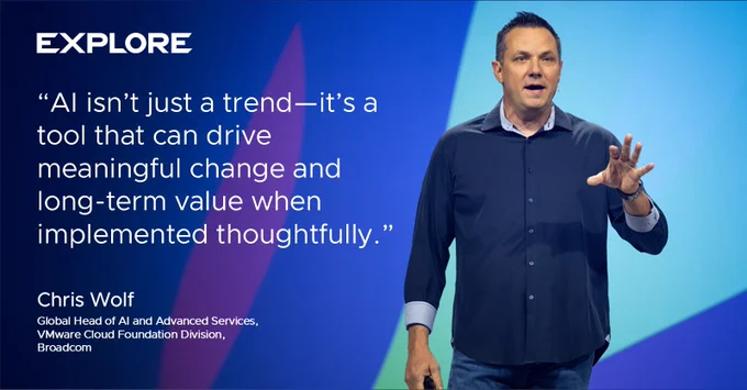 Chris Wolf, Global Head of AI and Advanced Cloud Foundation Division at Broadcom, is presenting on a stage with a quote on the screen behind, discussing AI as a meaningful tool for change.