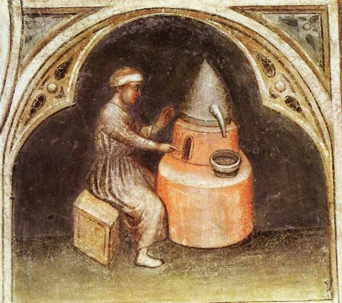 A fresco from 1380 shows the seated figure of an alchemist at a furnace, pointing inside and wondering WTAF is going to come out the other side.