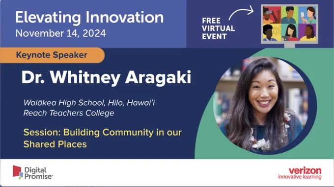 Elevating Innovation November 14, 2024. Free virtual event. Keynote Speaker Dr. Whitney Aragaki. Session: Building Community in our Shared Places.