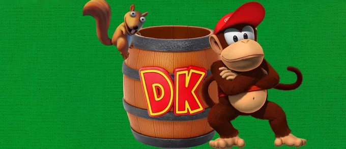 The DK Barrel Pen Holder with character artwork of Cyril the squirrel climbing inside of it and Diddy Kong leaning against it.
