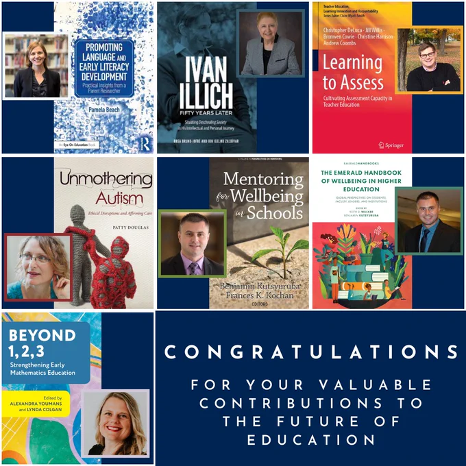 The photos of 6 faculty members and the covers of their 7 books, published in 2024, are arranged in squares followed by a blue rectangle that says "Congratulations for your valuable contributions to the future of education"