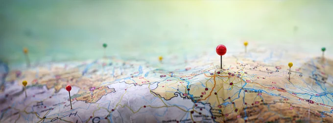 Locations on a map are marked with pins.