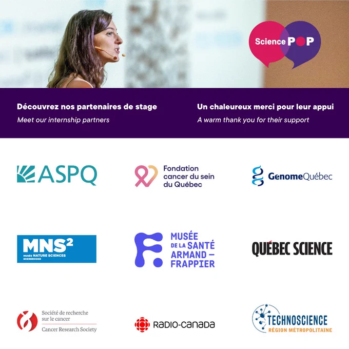 #sciencepop | Nous sommes ravis de vous dévoiler la liste de nos merveilleux partenaires de stages!
Ces stages sont des expériences enrichissantes et stimulantes pour les lauréats et lauréates de Sciences POP qui découvrent un environnement professionnel différent de celui de la recherche, comme en témoigne Kelly Godbout, gagnante du défi de vulgarisation (Science POP 2023) :
« Science POP m'a offert une occasion unique et professionnelle de partager un concept scientifique qui me passionne avec le grand public. Mon premier prix m'a donné la chance d'effectuer un stage avec l'équipe de Moteur de recherche, à Radio-Canada ICI Première, pour qui je suis maintenant collaboratrice! »
🙌Un grand merci à eux!
📍Rendez-vous sur notre site web pour en savoir plus sur ces stages: https://bit.ly/4e3ex7Q

Association pour la santé publique du Québec (ASPQ) | Fondation cancer du sein du Québec | Génome Québec | Musée de la nature et des sciences de Sherbrooke | Musée de la santé Armand-Frappier | 