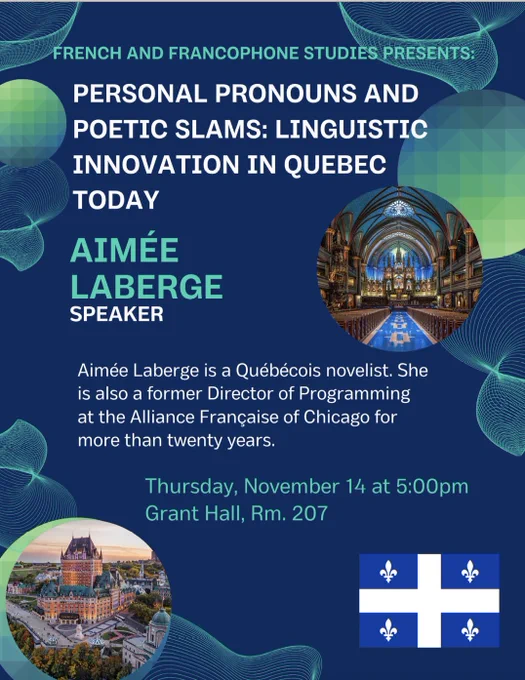 Flyer with Quebec flag and images of Quebec. Blue and green background.