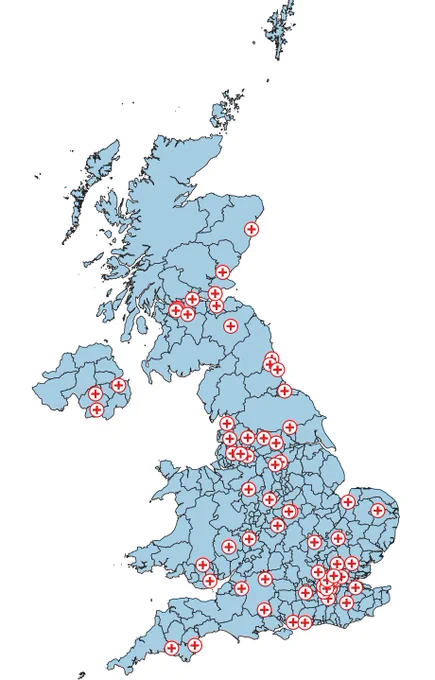 Map of participating SONAR sites in England, Scotland, Wales and Northern Ireland.