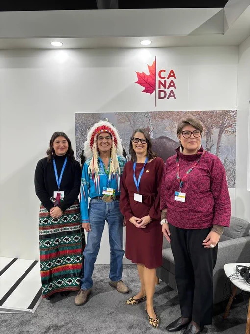 Canada’s Ambassador for Climate Change, Catherine Stewart alongside with Indigenous leaders and representatives at the opening ceremony of the Canada Pavilion at COP29. 