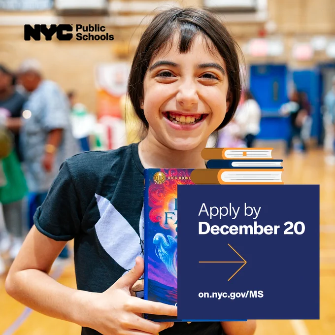 A New York City Public Schools student holding a book. Text reads: “Apply by December 20.” on.nyc.gov/MS. NYC Public Schools logo.