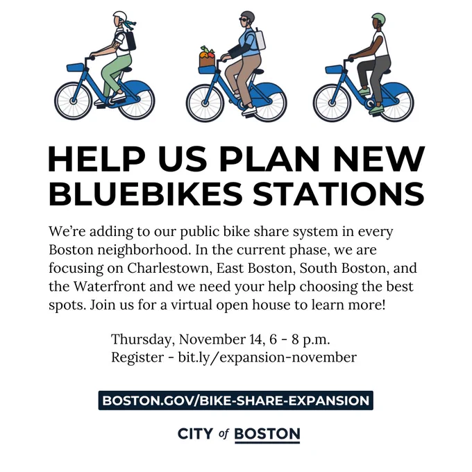 graphic with text: help us plan new bluebikes stations