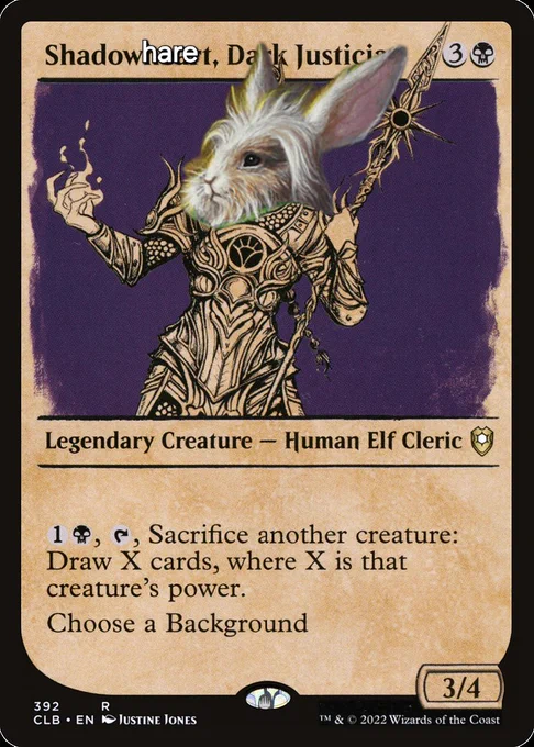 Shadowheart showcase card with the name edited to be "ShadowHAREt", and the head of the Hare Apparent card edited onto Shadowheart's body. 