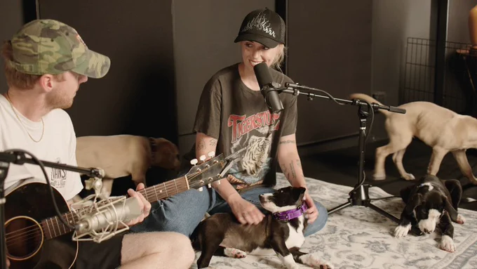 a woman sits on a rug in a black t-shirt and jeans and smiles as she pets a black and white puppy with a purple collar. two other puppies mill around in the background. a guitarist in a camo hat looks over from the left side of frame.