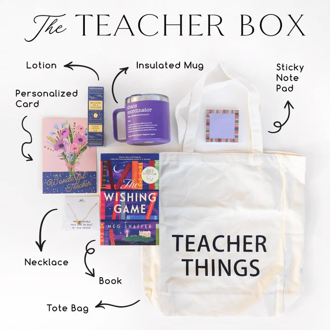 The Teacher Box - lotion, card, insulated mug, sticky note pad, necklace, book, tote bag.