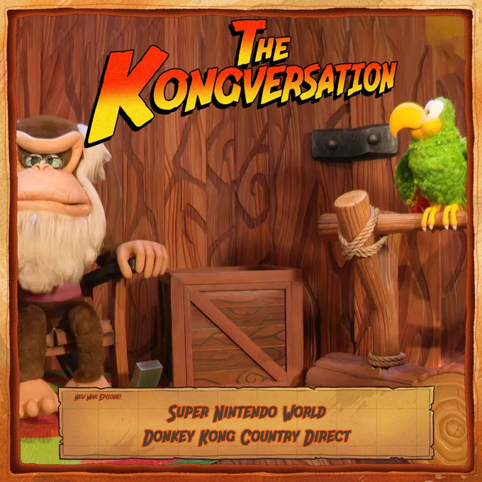 The key art to the Kongversation's "Super Nintendo World Donkey Kong Country Direct" Mini episode. An animatronic Cranky Kong and Squawks talk to park guests in the queue line of Mine Cart Madness in the Donkey Kong Country section of Super Nintendo World.