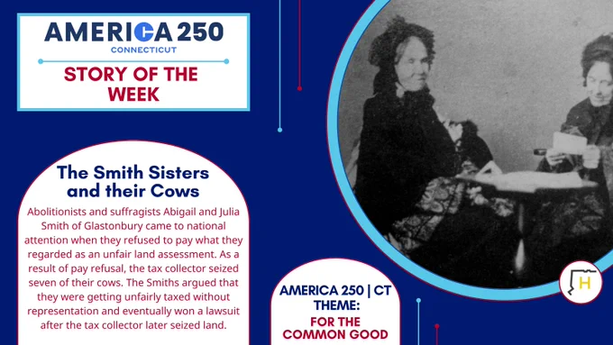 Blue graphic advertising the America 250 Connecticut Story of the Week titled "The Smith Sisters and their Cows." There is a description and a partial image of two women.