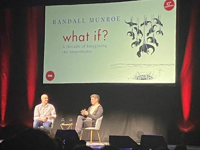 Matt Parker and Randall Munroe on stage at the Theatre Royal Drury Lane