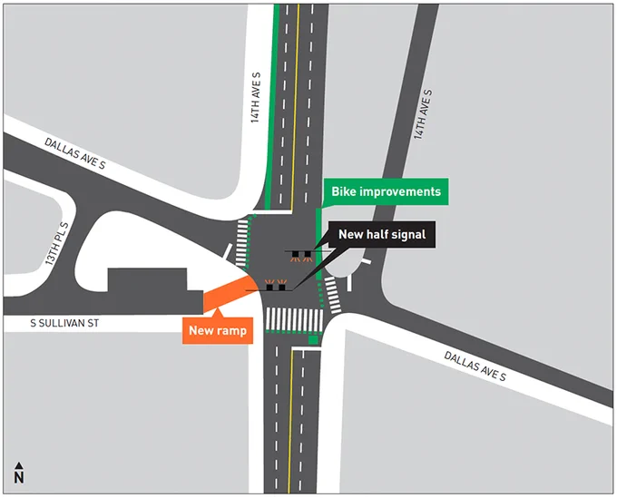 A map of the area, showing bike improvements, a new half signal, and the new ramp that connects to the nearby Healthy Street.