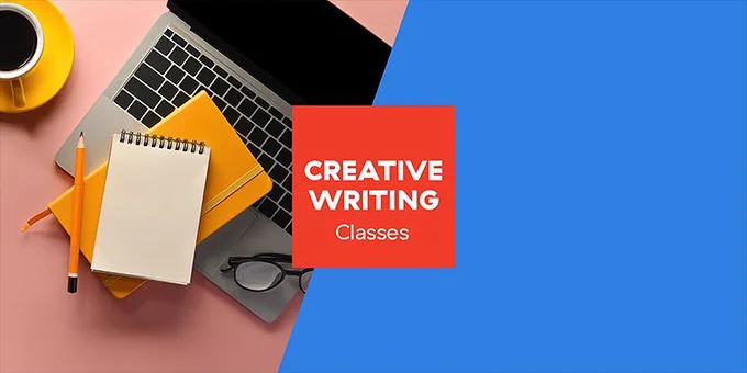 A photo of a notepad, journal, laptop, reading glasses, a cup of coffee and a pencil (left) beside a red text box that reads "Creative Writing Classes." 