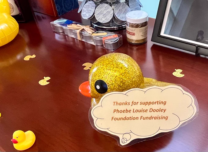 A duck with a thought cloud that reads Thanks for supporting Phoebe Louise Dooley Foundation fundraising.