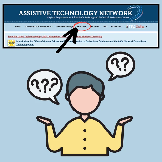 Top: assistive technology network logo and screenshot of the menu bar on the at network website. “How do I” is circled. There is a person with question marks around their head and their arms raised in a “I don’t know” gesture.