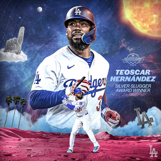A graphic announcing Teoscar Hernández as a Silver Slugger Award Winner with a cutout of him swinging at the bottom and a larger cutout of him smiling in the background.
