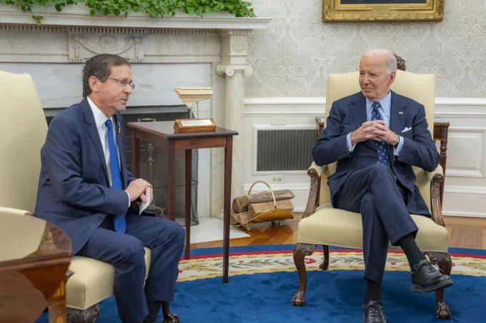 President Biden meets with President Herzog of Israel in the Oval Office.